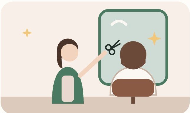 鏡の前でお客様のカットをするスタッフのイラスト